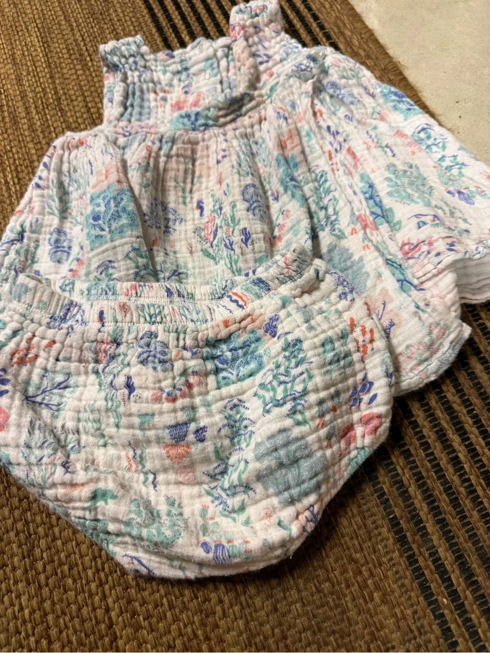 Baby Two-Piece Muslin Set in White with Aqua & Coral Floral Print